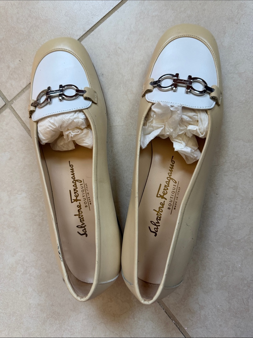 Salvatore Ferragamo Cream and White Leather Horsebit Loafers